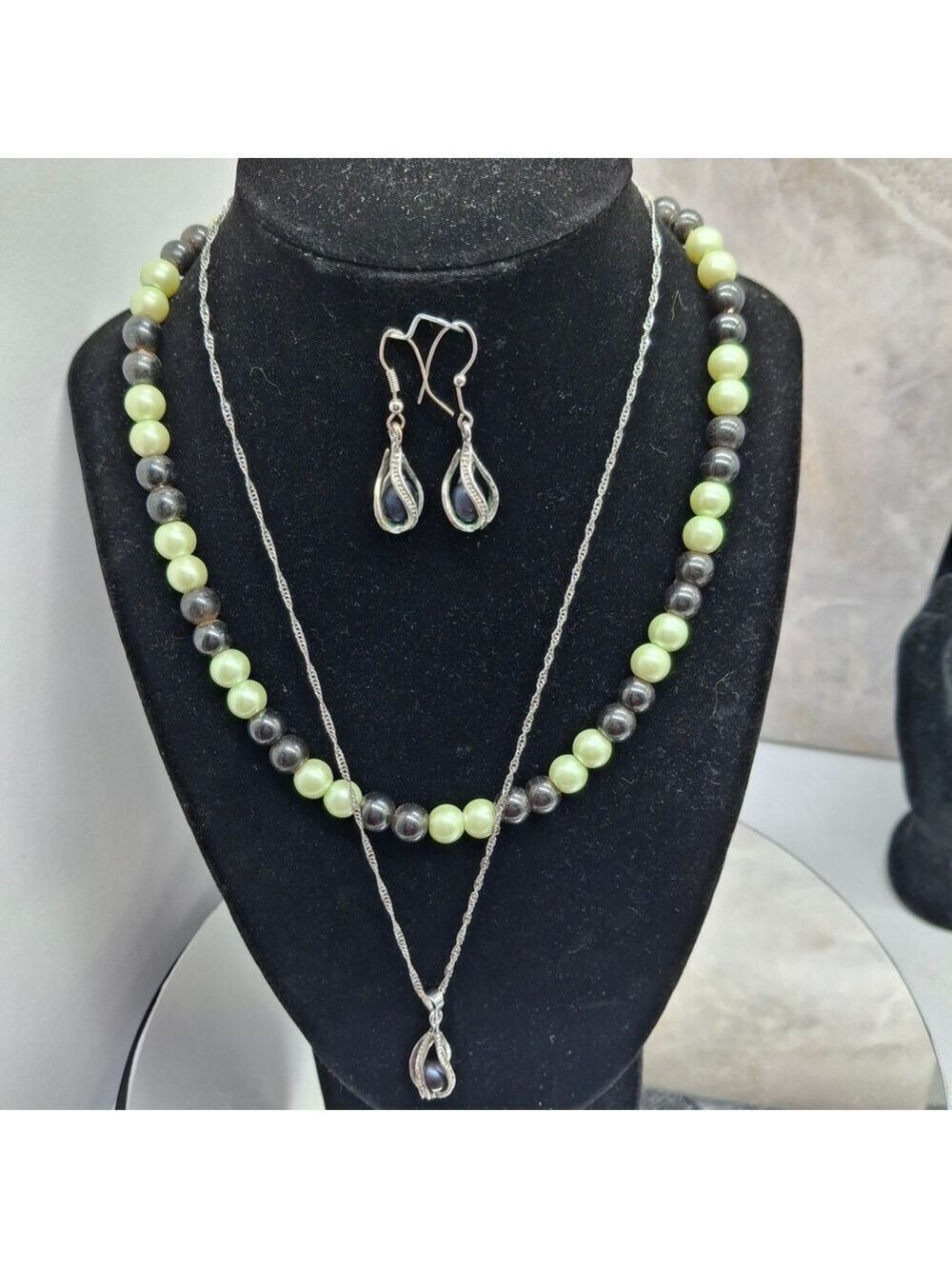 Silver and Green Pearl Necklace Set 3pc 2 Necklaces 1 pr Earrings
